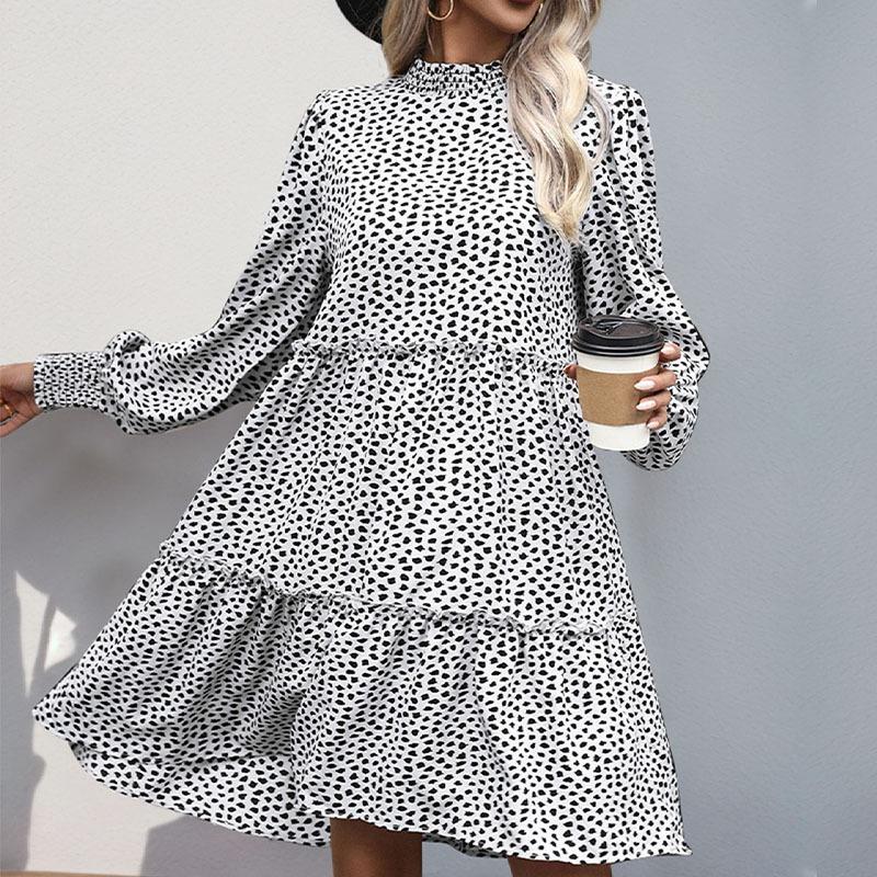 Herbst neues Retro lockeres Halbrollkragen Leopardenmuster Kleid