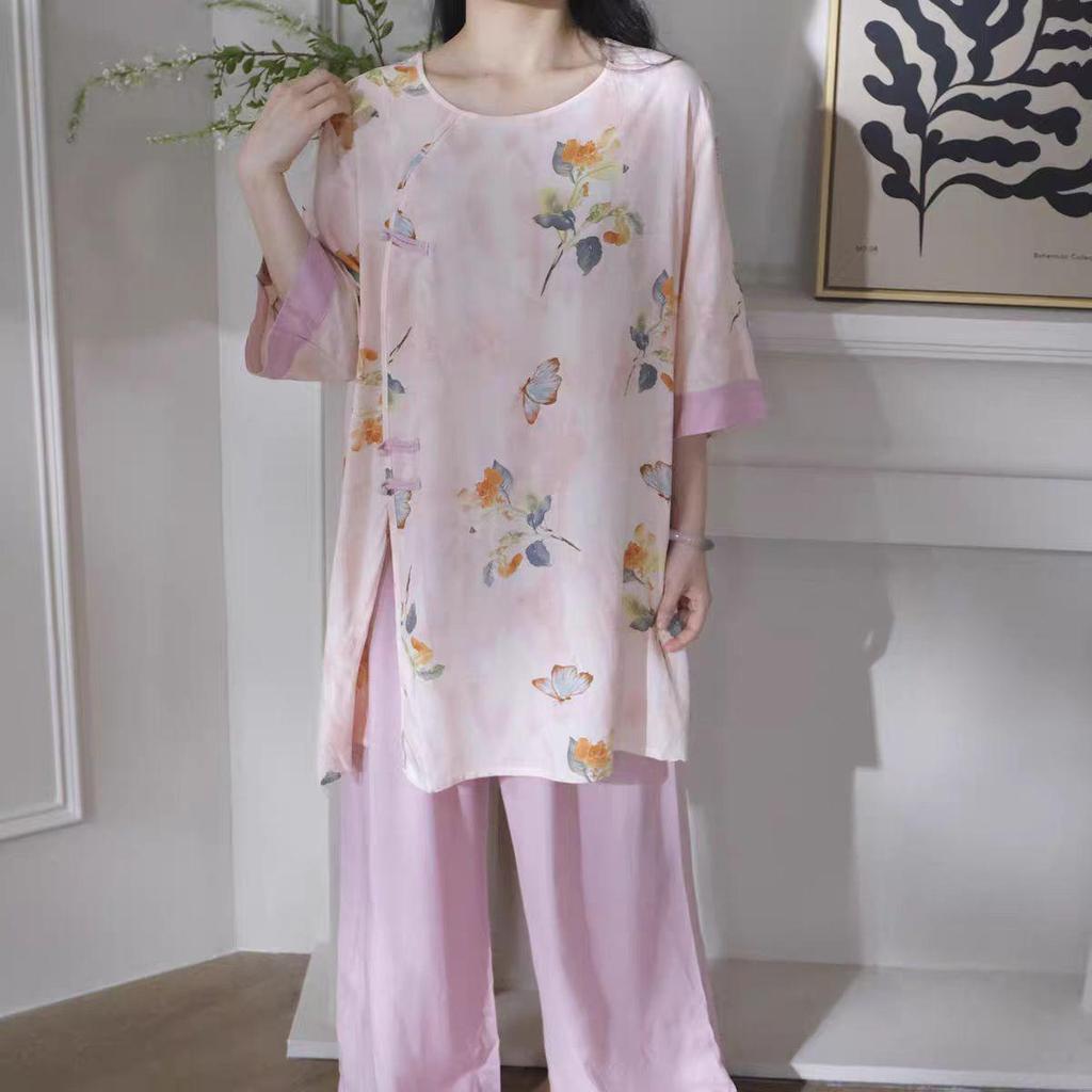 Women's Summer Lyocell Cotton Pajama Set: Chic National Wind Design, Wearable Outside, Luxurious Feel
