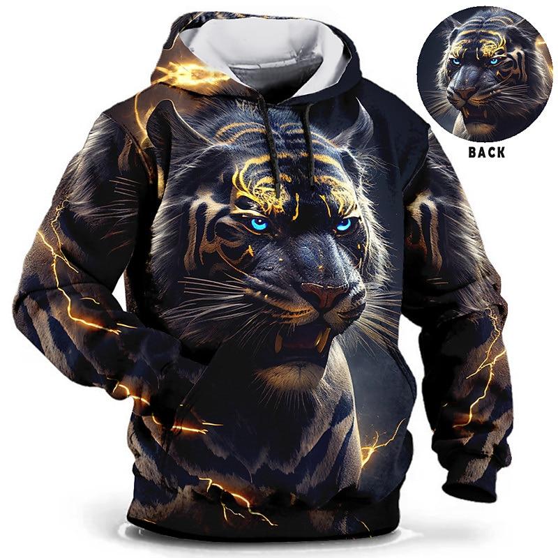 Men's hooded sweatshirt with dragon and tiger pattern for daily leisure, retro long sleeved hooded vacation, and sports