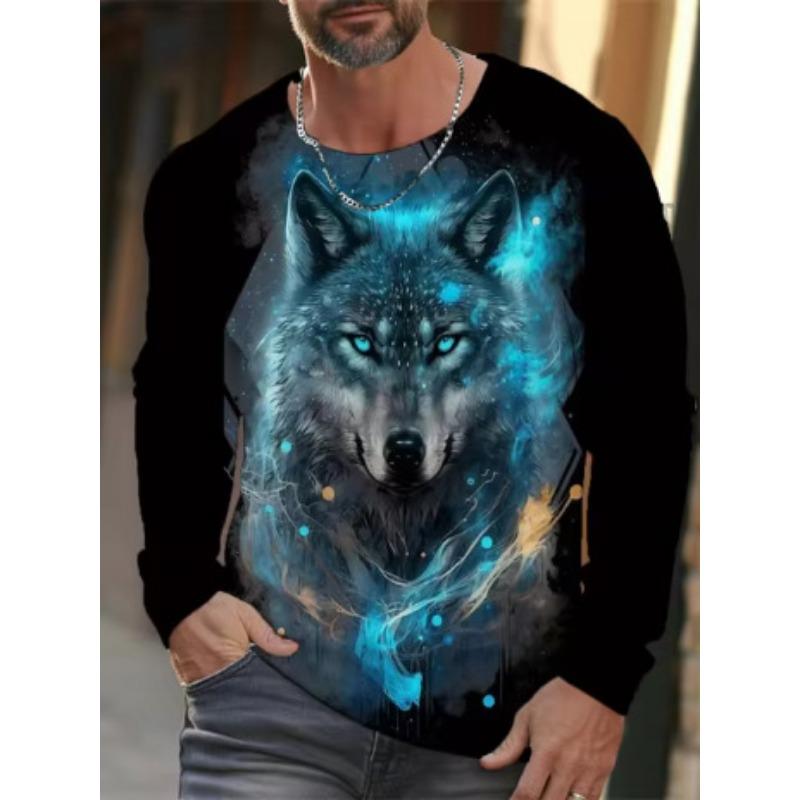 Round Neck 3D Animal Wolf Pattern Printed Top Fashionable Casual Long Sleeved Men's T-shirts