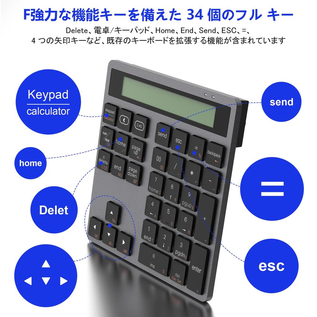 2-in-1 Wireless Bluetooth2.4G Numeric Keypad with Calculator, Slim 34-Key External Keypad for Data Entry and Calculations, Compatible with Laptops,