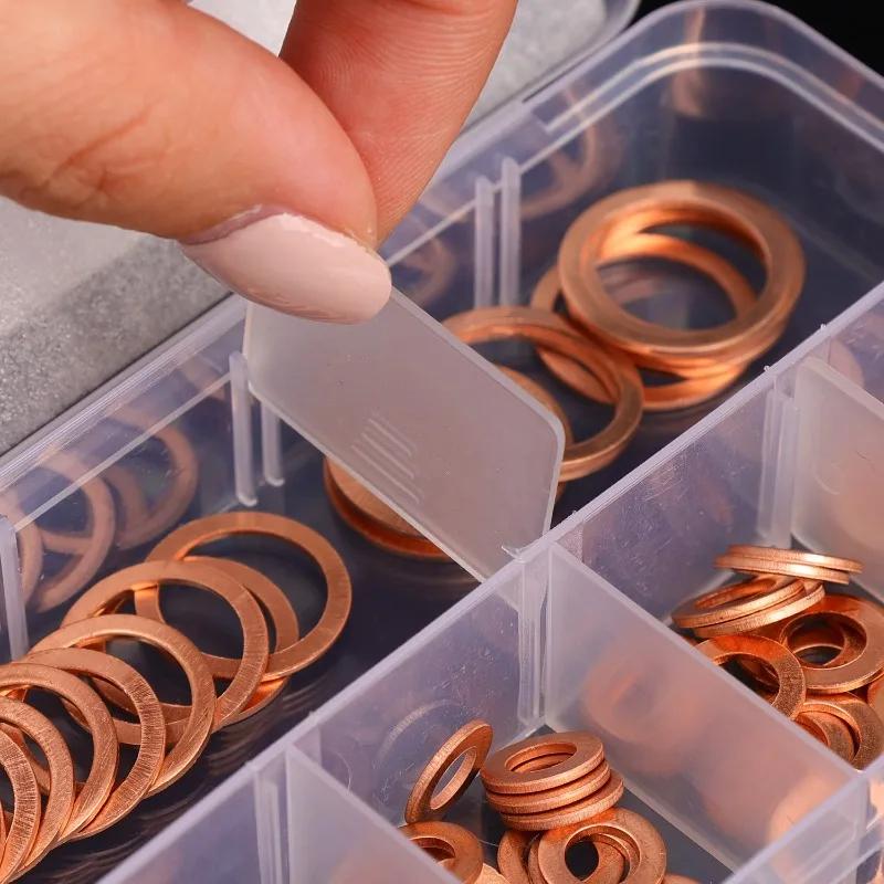 100pcs Red Copper Oil Drain Plug Gasket Kit M4-M14 Universal Car Engine Oil Pan Leak Prevention O-Ring Sealing Washers Auto Part