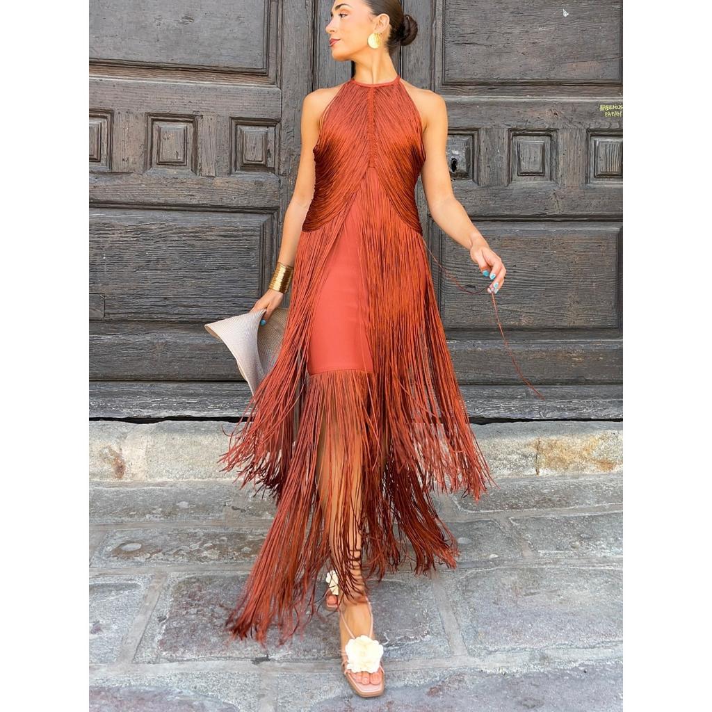 Spring Summer Halter Tassel Long Maxi Dress, Elegant Evening Party Prom Gown for Women, European American Style