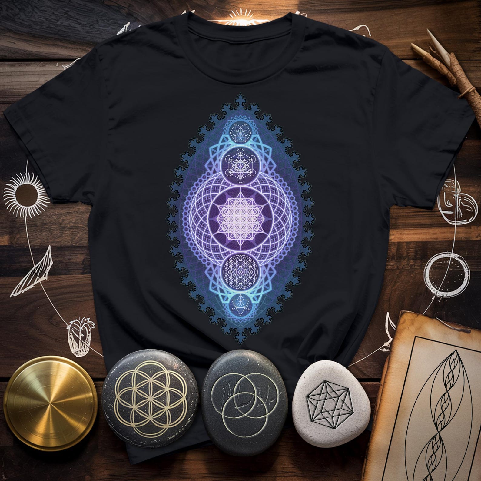 Blue Fractal Sacred Geometry T-Shirt | Psychedelic Spiritual Tee S