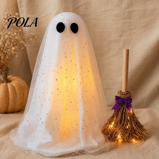 Halloween Ghost Decoration with Broom, Spooky Sequins Mesh White Ghost, Cute Glittery Decor Adjustable Standing for Party, Home, Table, Fireplace,