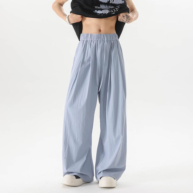 

Men s Light Blue High Waist Wide Leg Pants Elastic Waist Drawstring Casual Trousers S світло-синій колір