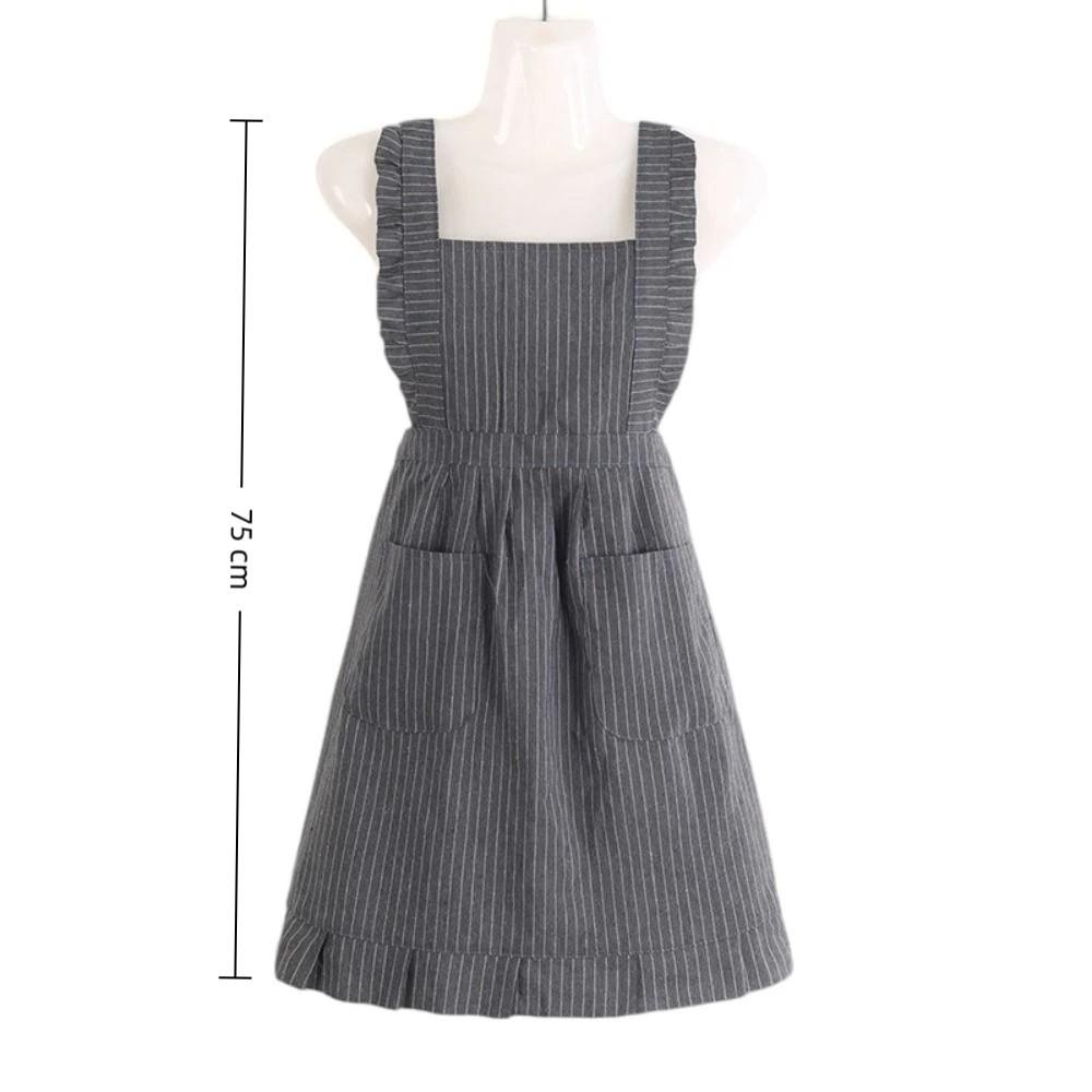 Summer Thin Style Kitch Sleeveless Apron Cotton Oil-proof Princess Dress Apron with Straps Large Pocket Catering Work Clothes