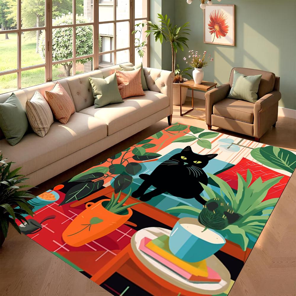 Tappeto con Fantasia Gatti Carini Stile Ins Tappeto Colorato con Stampa Gatti e Piante Decorazione Moderna per la Casa Tappetino Antiscivolo per Soggiorno Camera da Letto
