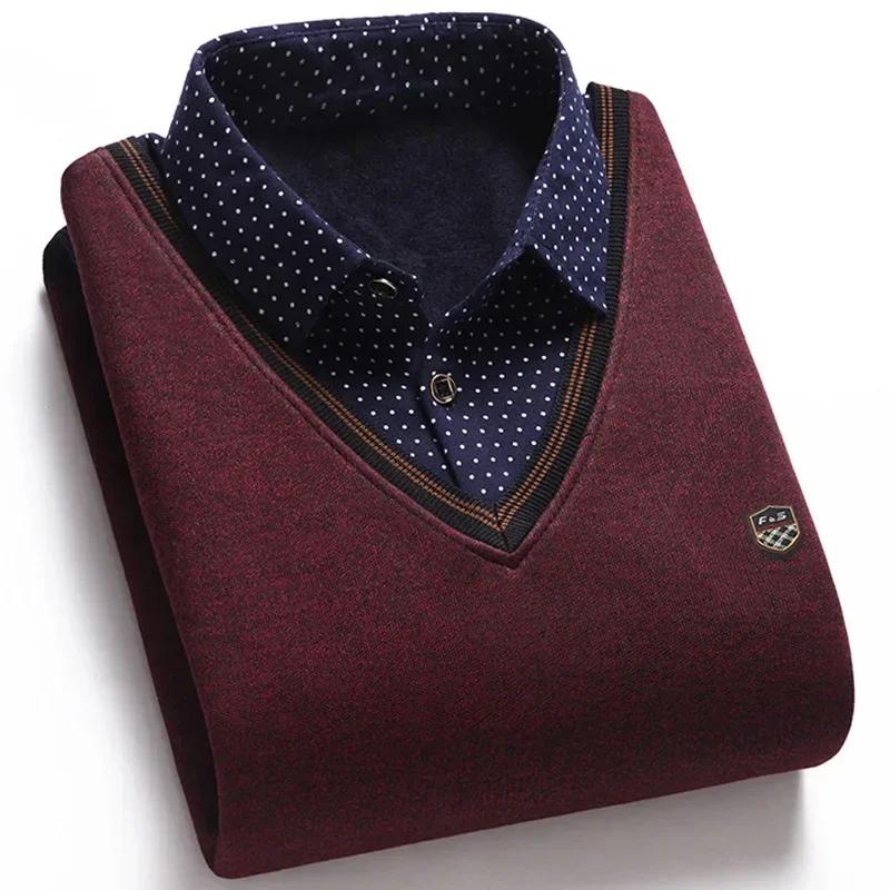 New Autumn Winter Men's Wool Shirt-Neck Sweater Fashionable Plaid Solid Thickened Warm Fleece High Quality Versatile Casual