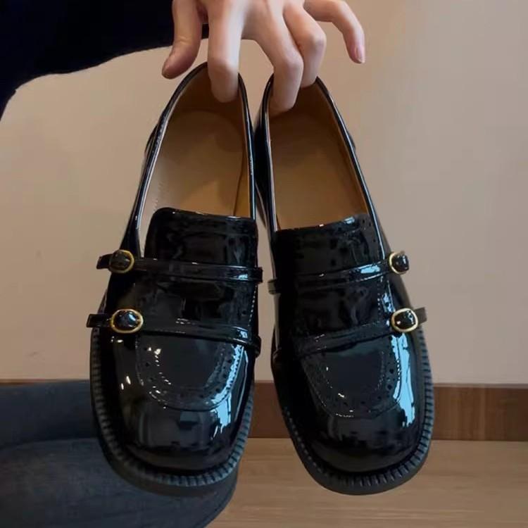 Cowhide version~ Spot engraved belt buckle low heel small leather shoes women's British style loafers one-pedal round head single shoes