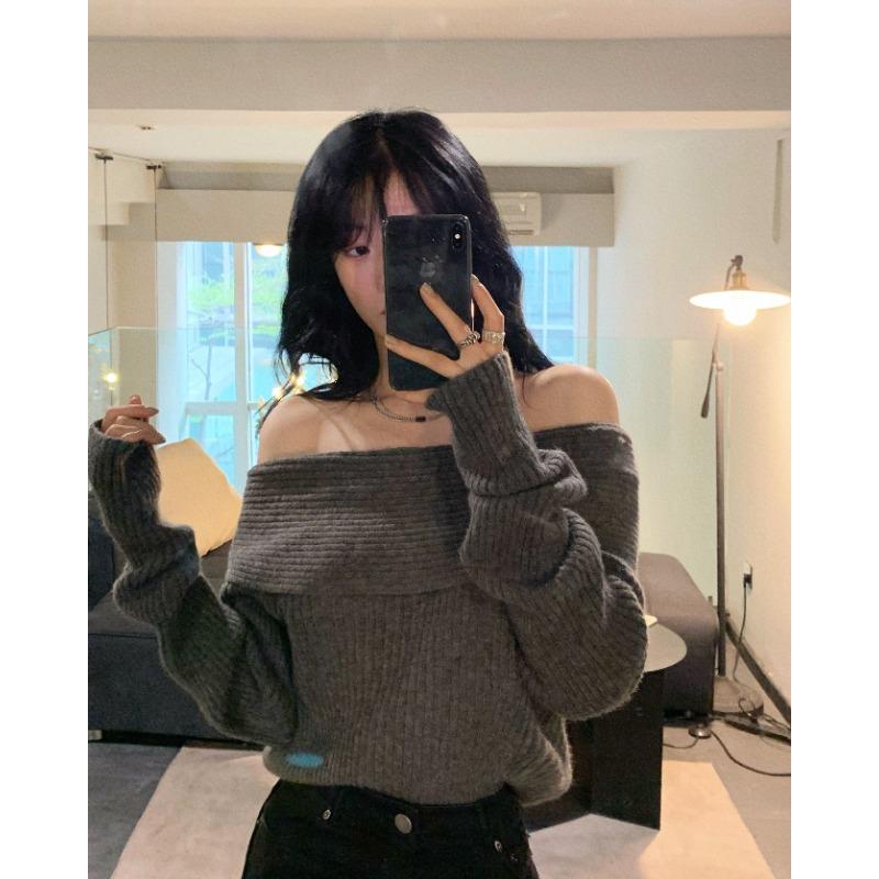 One-word Collar Strapless Clavicle Sweater Women's Spring, Autumn and Winter Western Style Fashion Long-sleeved Bottoming Sweater Top 8603