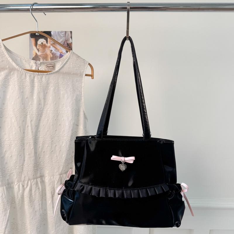 

Japanese pleated bow shoulder bag fashion tote bag pearlescent satin ballet pleated girly handbag чёрный