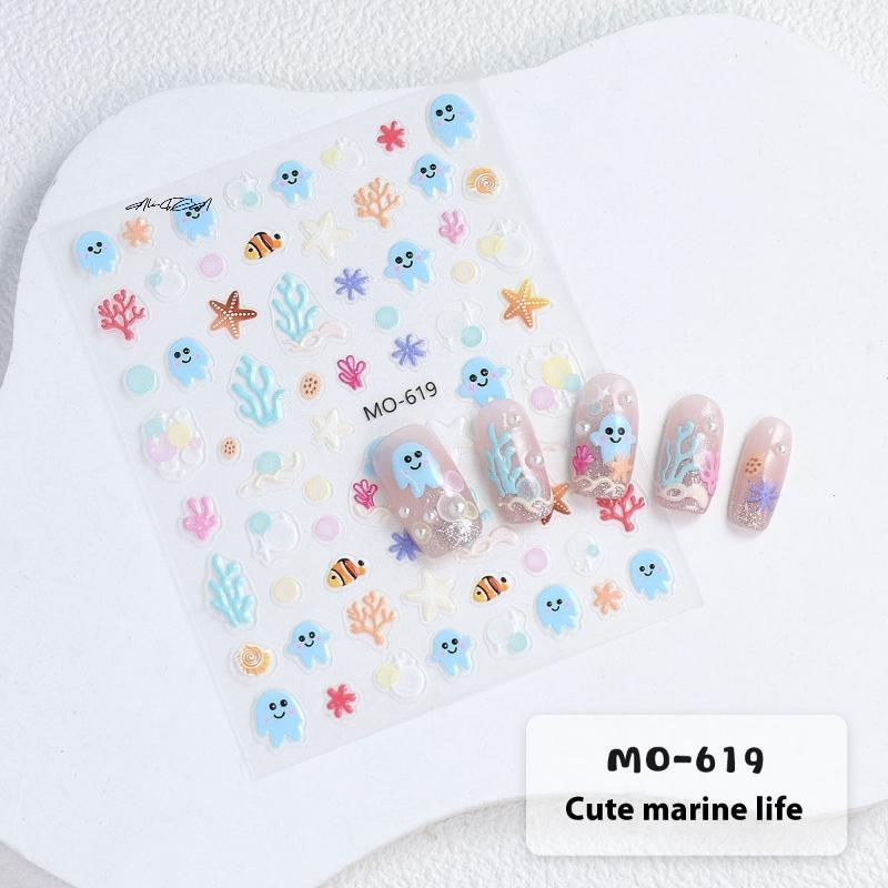 3D Summer Cartoon Nail Stickers Embossed Starfish Octopus Coral Sea Beach Theme Nail Decals for Nail Art Decoration