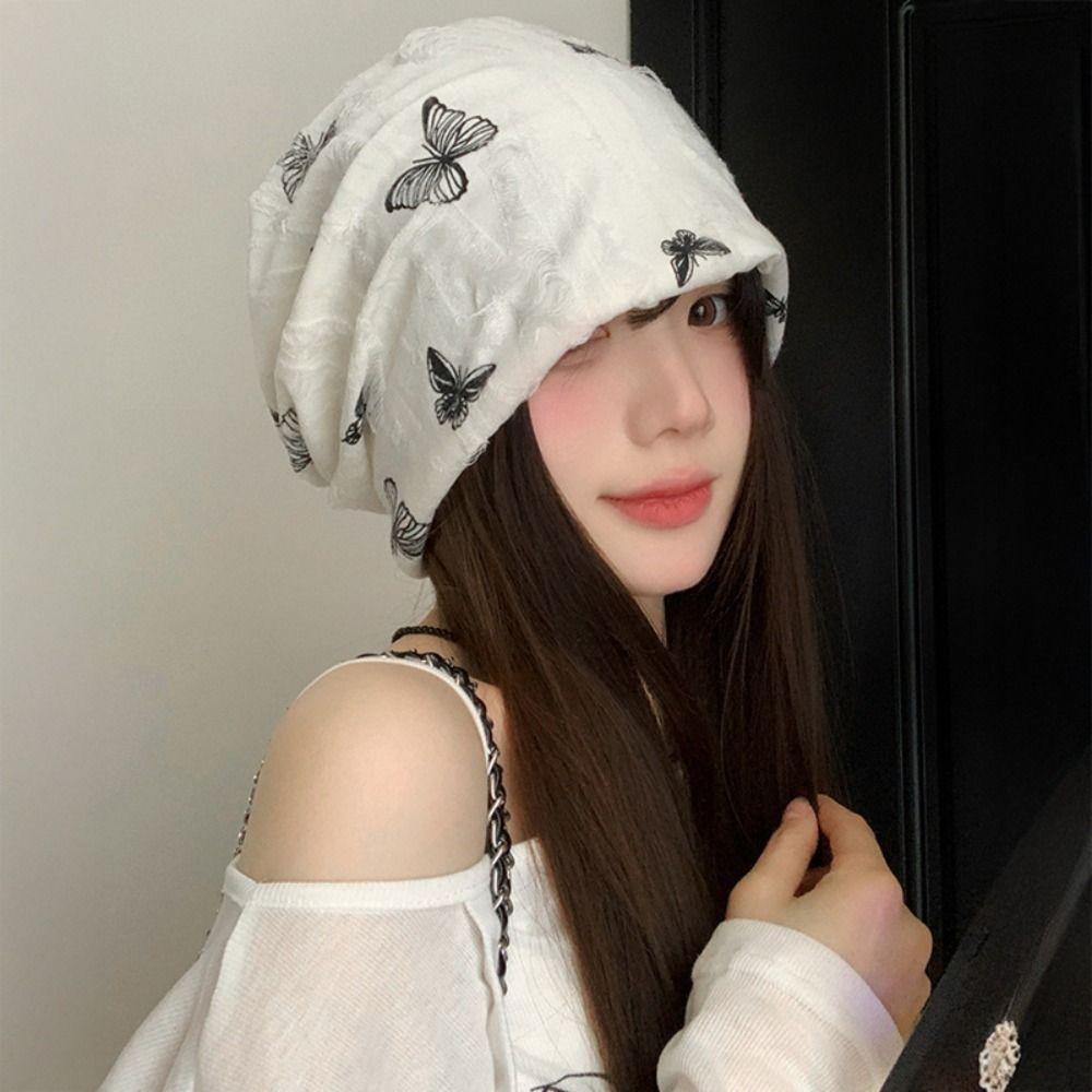 Holes Hair Caps Thin Knitted Hat Fashion Butterfly Print Beanies  Streetwear