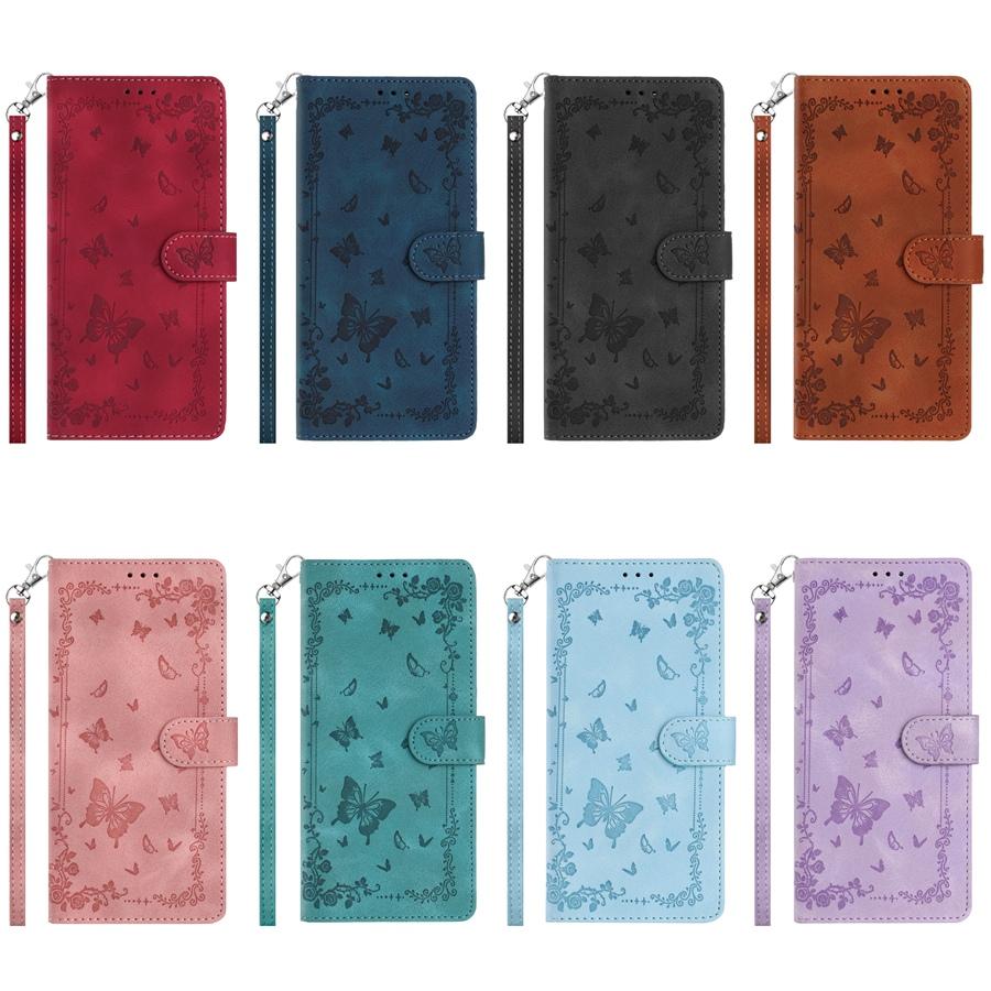 Retro Embossed Flower and Butterfly Phone Case for iPhone 17 16 15 Skin Feel PU Leather Card Slots Wallet Case with Wristband for Samsung S25 S24 S23