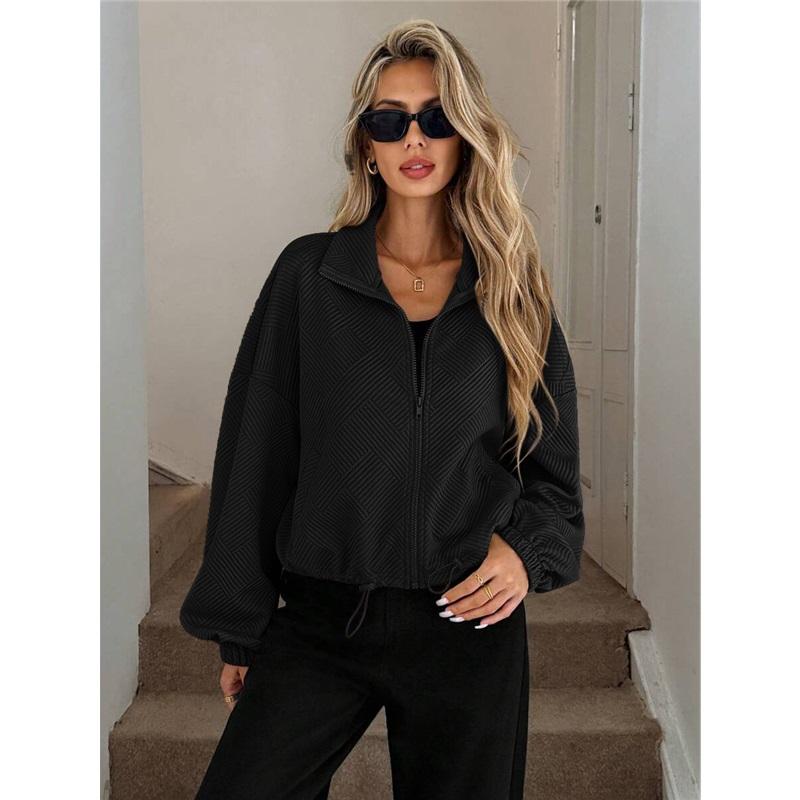 Womens Winter Coat High Neck Zip Drawstring Hem Pocket Loose Baseball Jacket For Fall And Winter Casual Style Outerwear