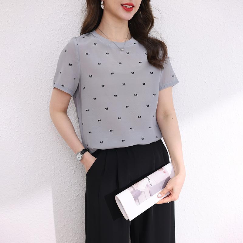 Fashion Heavy Silk Top Women's Short-sleeved  Wear New Mulberry Silk Printed Thin T-shirt