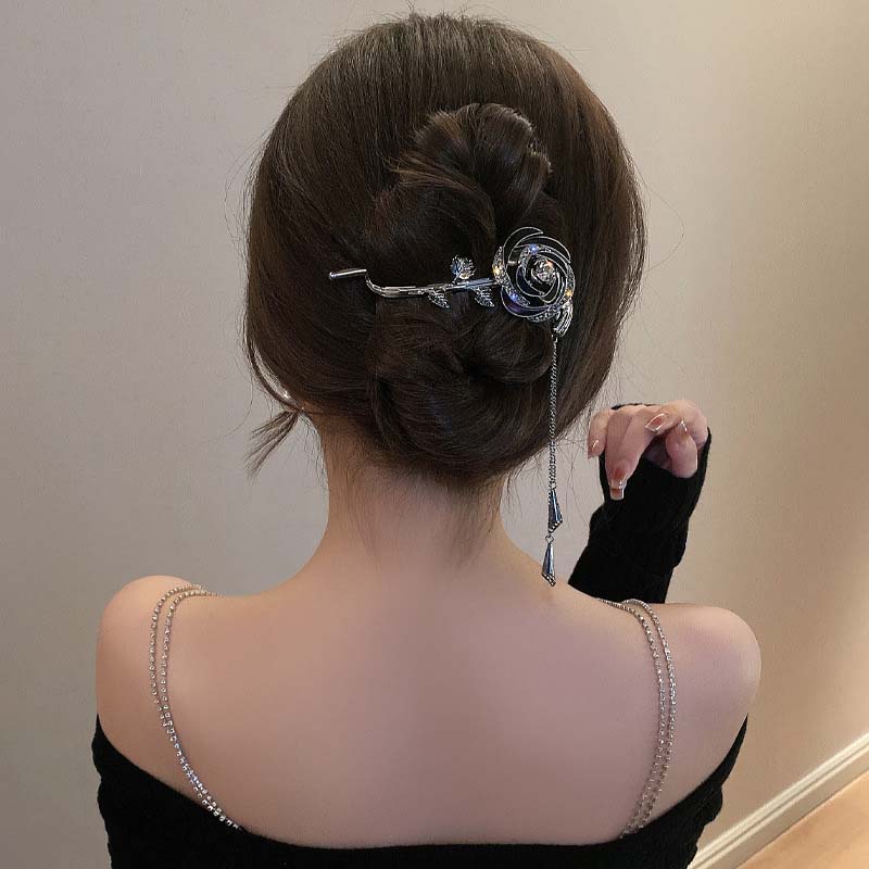 Fashion Rhinestone Flower Tassel Hair Clips Elegant Women's Rose Twist Clips Ponytail Clip One Word Clip Headwear Accessories