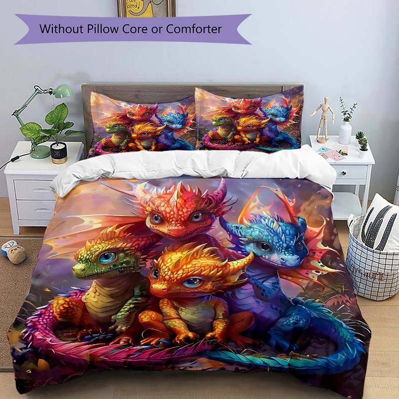 3pcs Anime Dragon Family Bedding Set - Includes One Quilt Cover and Two Pillowcases (No Core) - Polyester Fabric - Perfect for Bedroom and Guest Room
