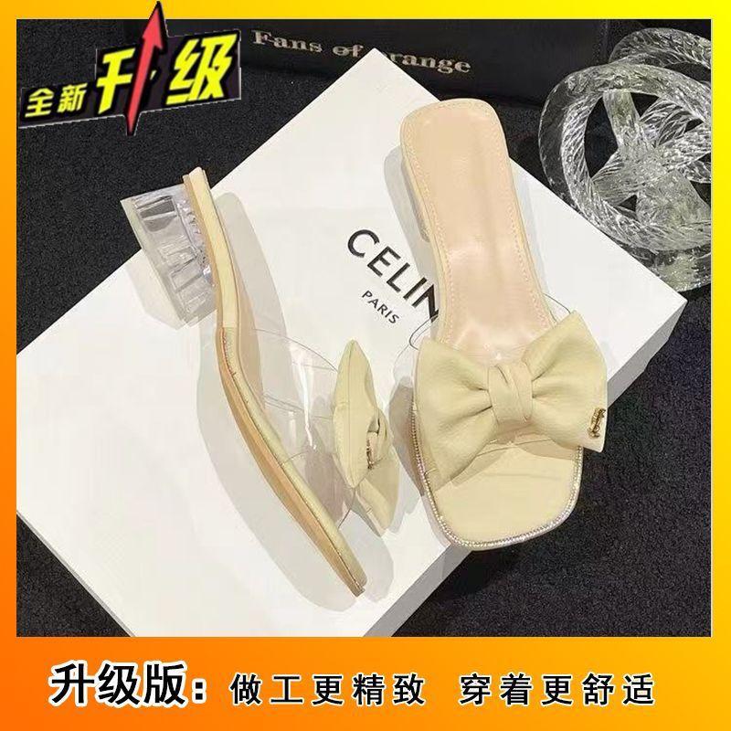 Fashion open-toe wear sexy bow sandals 2025 summer new transparent slippers women's medium heel half slippers
