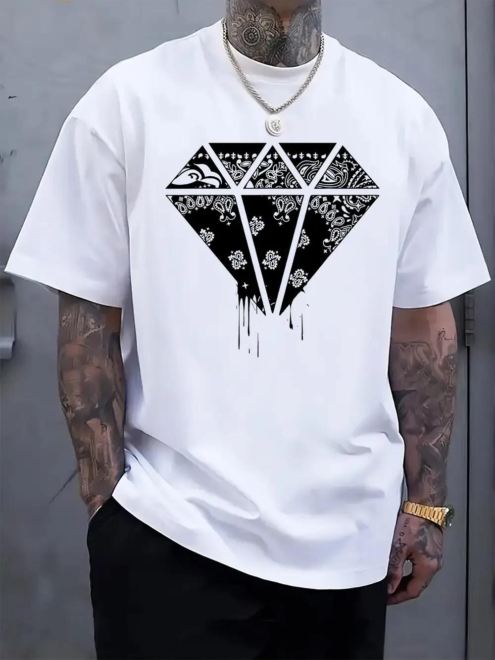 Light Gray Paisley Diamond Print T-shirt - Stylish Casual Crew Neck Short Sleeve Tee for Spring & Summer Vacations S