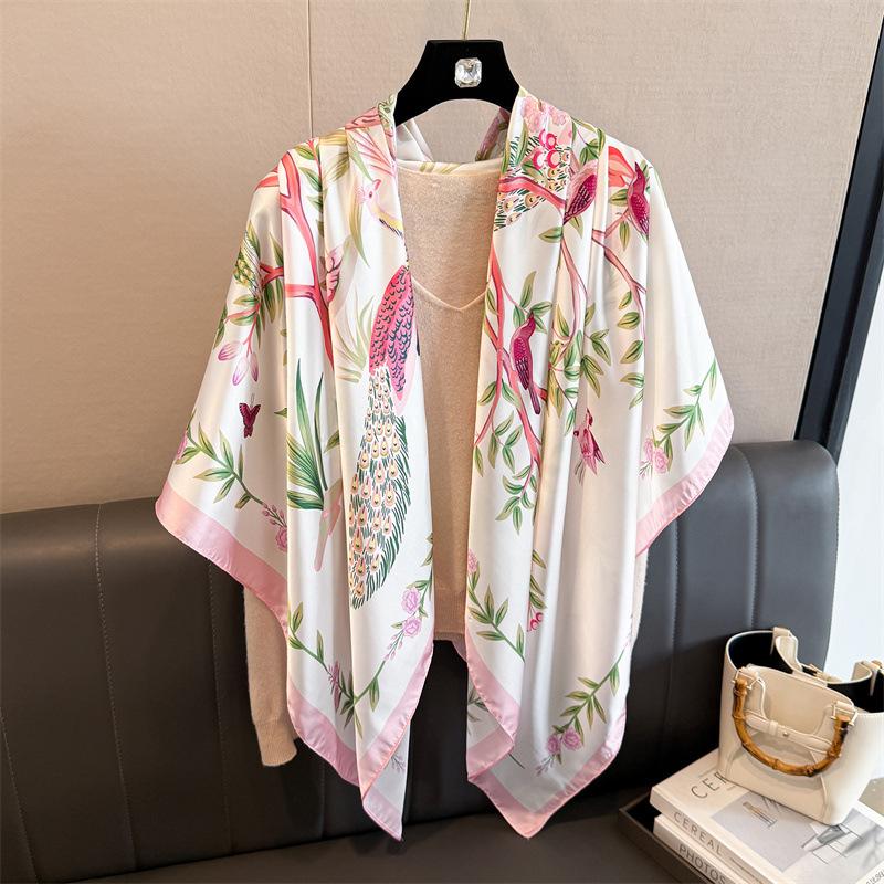 Peacock Garden Simulation Silk Premium 111cm Large Square Scarf Silk Scarf Printed Shawl Sunscreen Scarf Headscarf Scarf