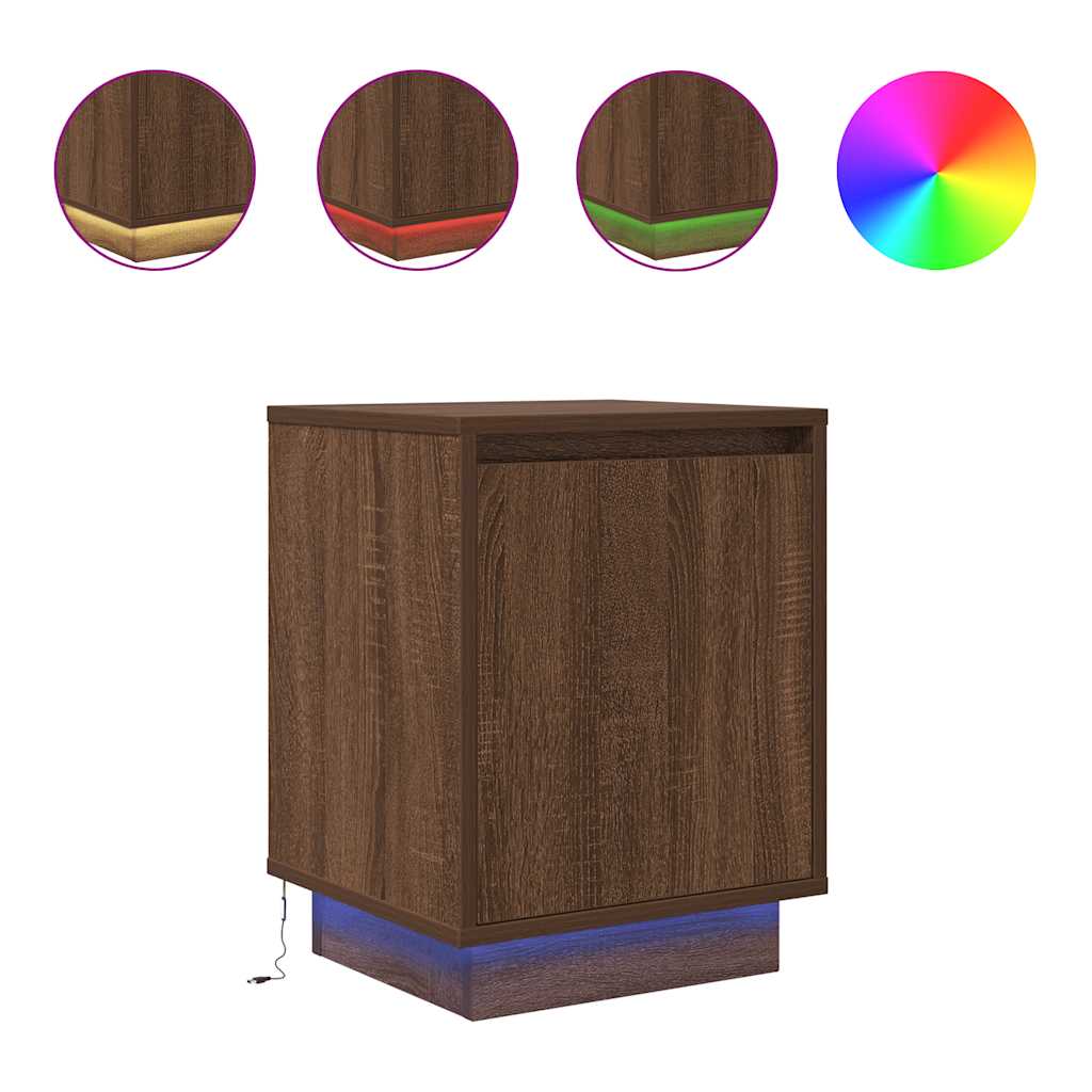 Nightstand with LED Lights Brown Oak Effect 38 x 34 x 50 cm