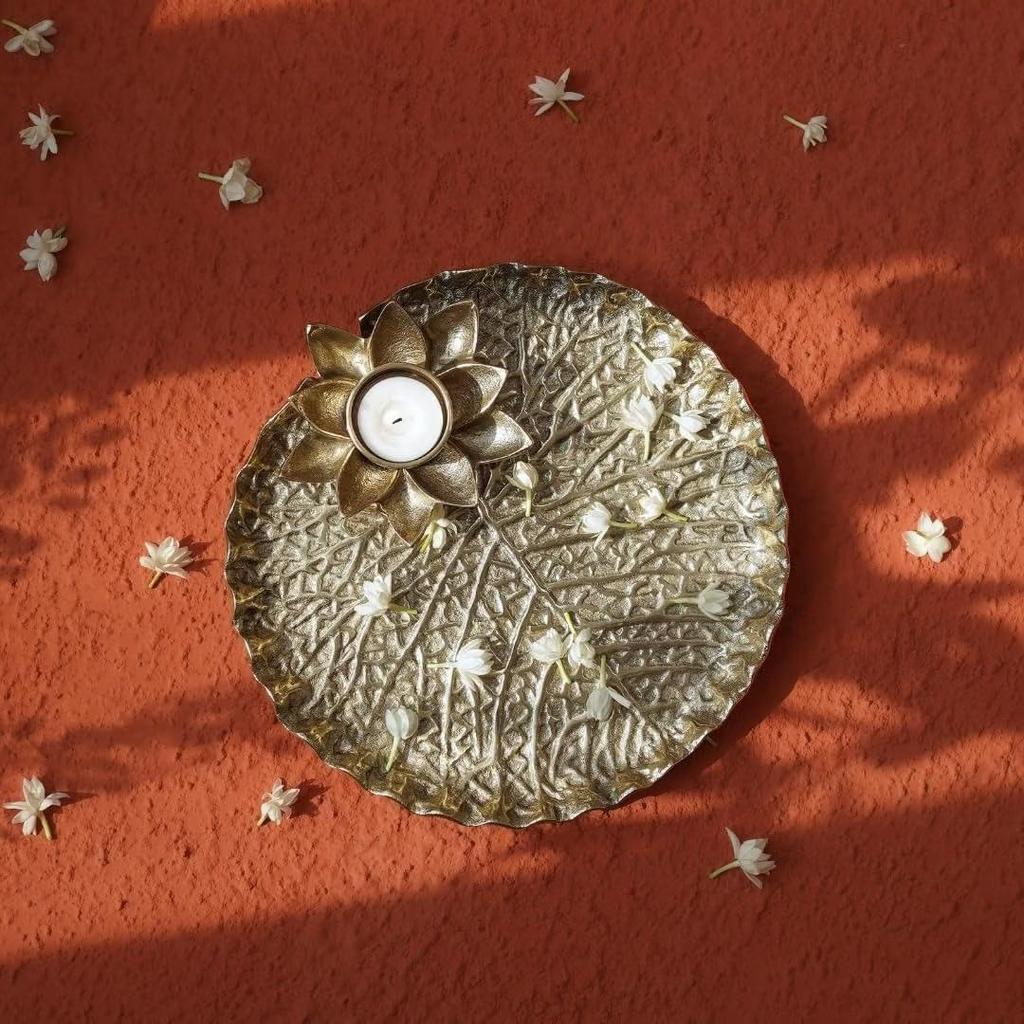 Golden Metal Lotus Pooja Thali with Tea-Light Holder, 25.5cm
