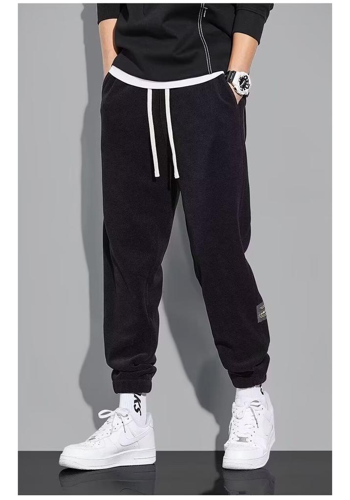 Fleece tied feet casual pants men's autumn and winter thickened men's casual sports pants Korean version loose nine-point pants