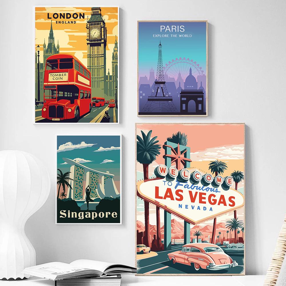 Retro Vibrant Cityscape Street Scene Posters London Double Decker Bus Prints Canvas Painting Wall Art Pictures Home Room Decor