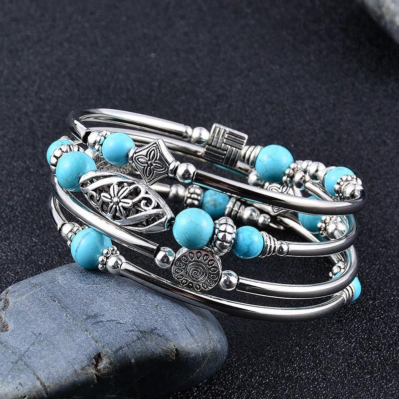 Handmade Layered Wrap Bracelet With Natural Turquoise Tigers Eye Beads Geometric Design Unisex Jewelry