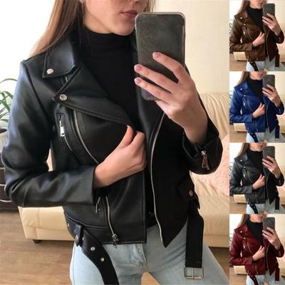 Women Jacket Solid Color Faux Leather Windproof Loose Lady Coat for Motorcycle
