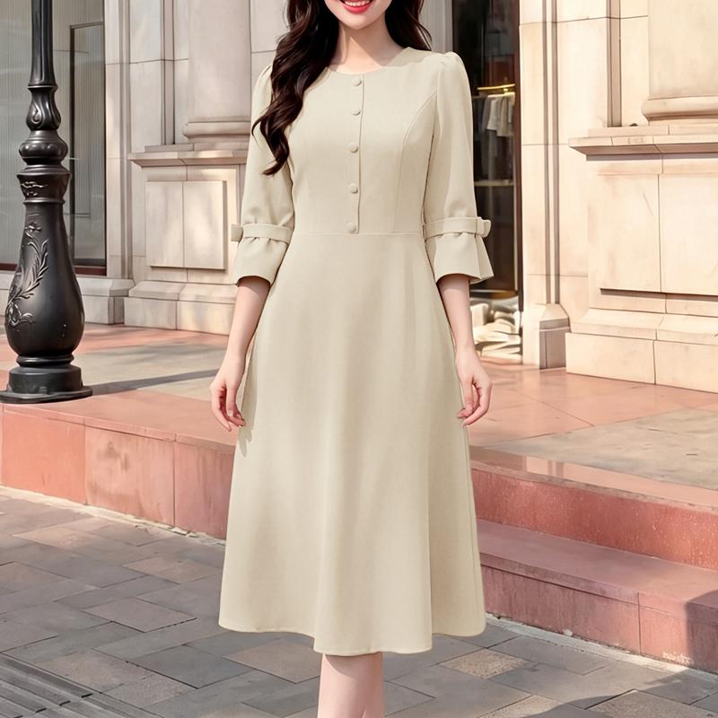 

ZANZEA Women Casual Round Neck Solid Color 3/4 Sleeve Elegant Dress 5XL абрикосовий