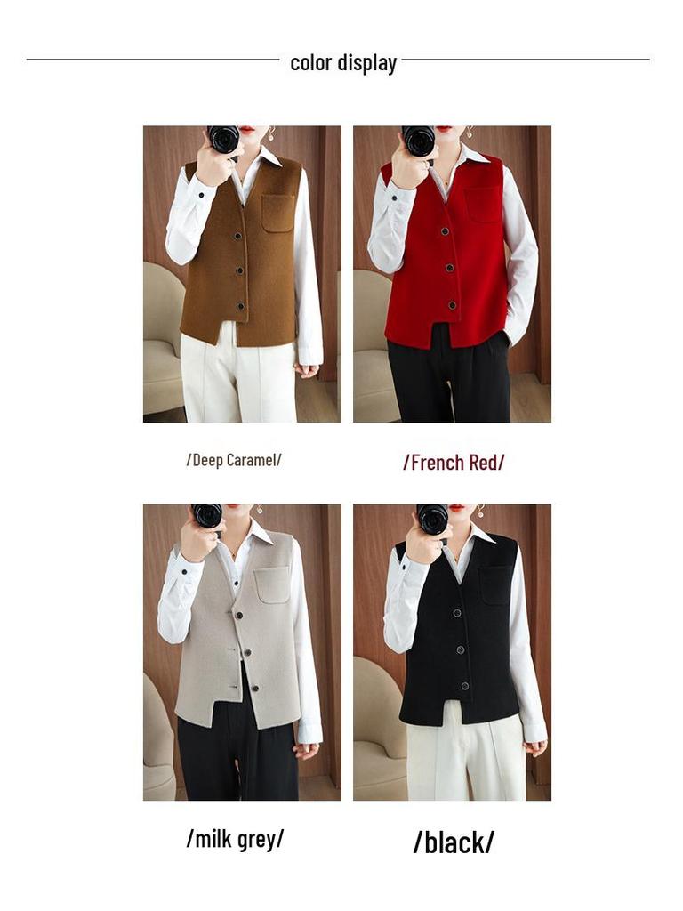 Dámská asymetrická oboustranná vlněná vesta - V-výstřih, bez rukávů, módní kardigan na podzim/zimu