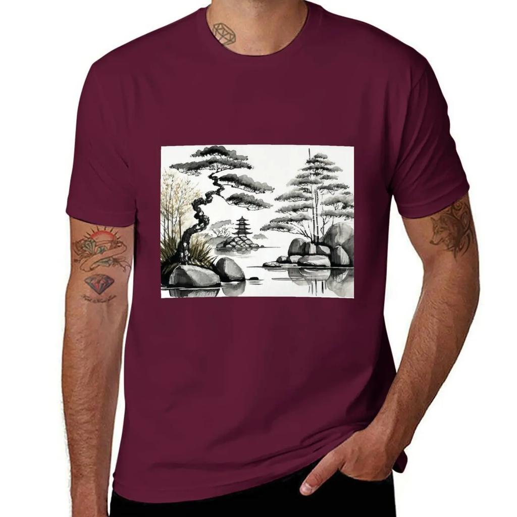 Sumi-E Lake Japanese Ink Art Landscape T-Shirt sports fans quick drying oversizeds korean fashion t shirts casual stylish