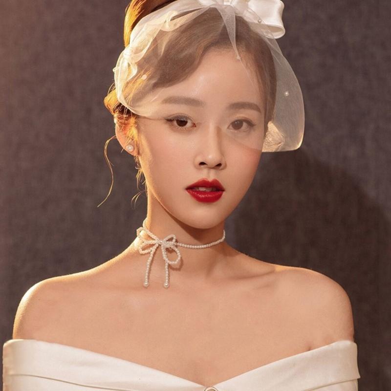 Bowknot Neckchain Girl Simple Imitation Pearls Choker Chain Aesthetic Jewellery
