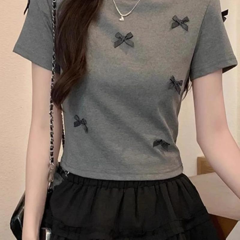 

Gray Three-dimensional Bow Right Shoulder Short-sleeved Summer American Round Neck Short Slim Fit Top S серый