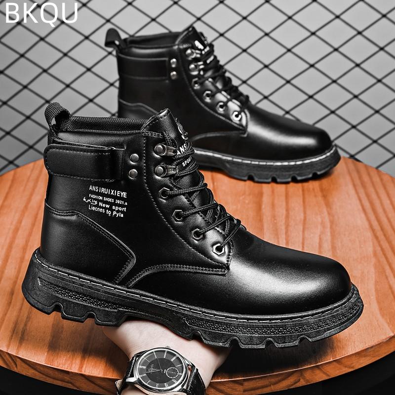 

trend Men s High-top Shoes, Leather Boots, Trendy, Breathable, Wear-resistant, Thick-soled, Non-slip, Large-size Round-toed Boots