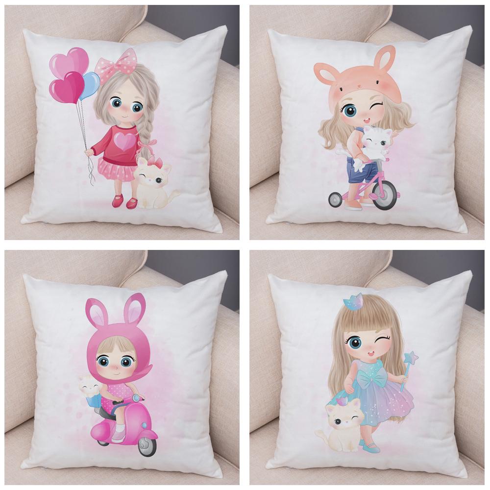 Children's Room Sofa Home Pillowcase Cute Cartoon Girl and Cat Pillowcase Decoration Cute Animal Cushion Cover
