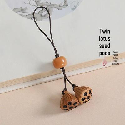 Handmade Lotus Seedpod Peach Wood Keychain Charm