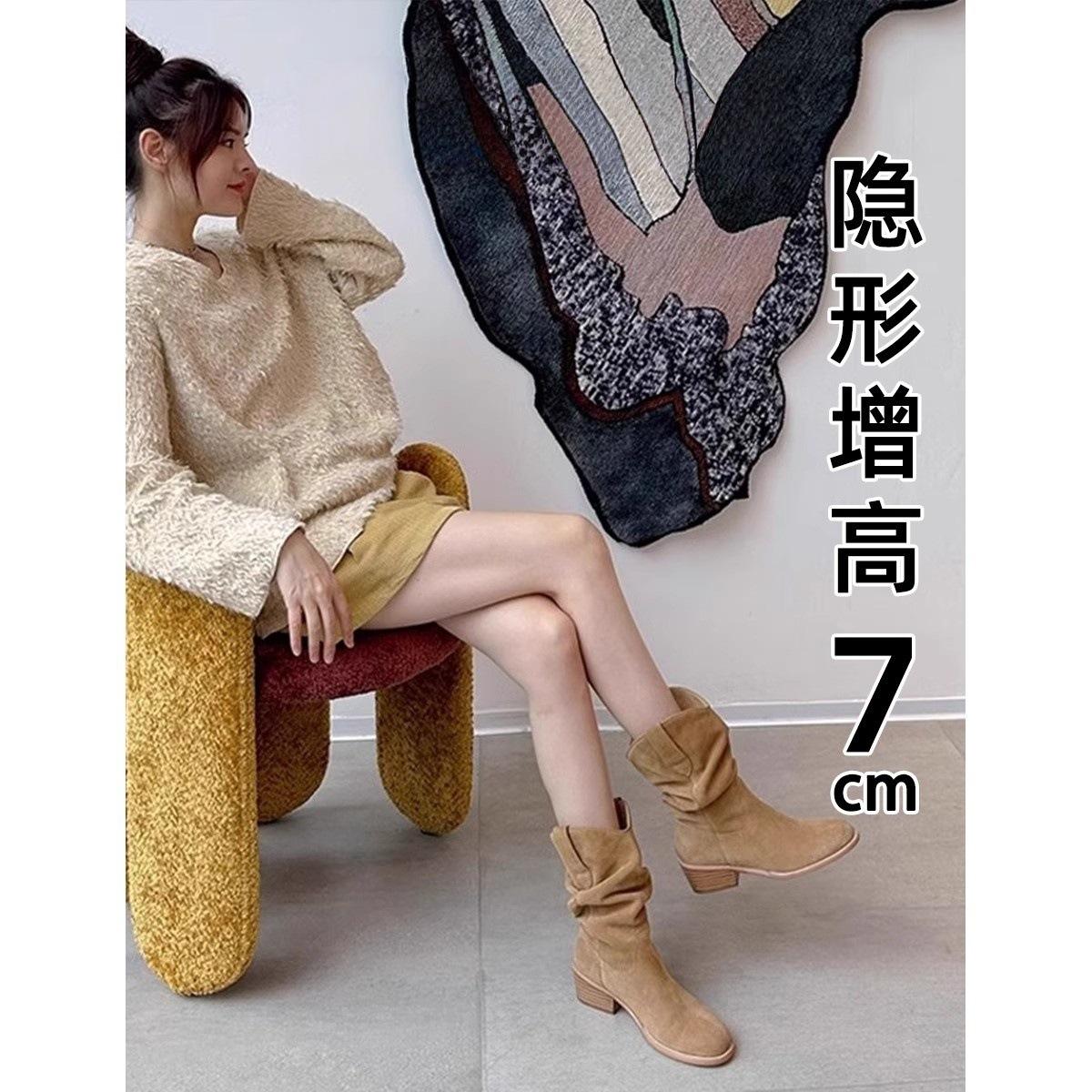 

Pleated pile boots 2025 new summer thick heel V mouth thin versatile medium tube American retro western cowboy boots 40