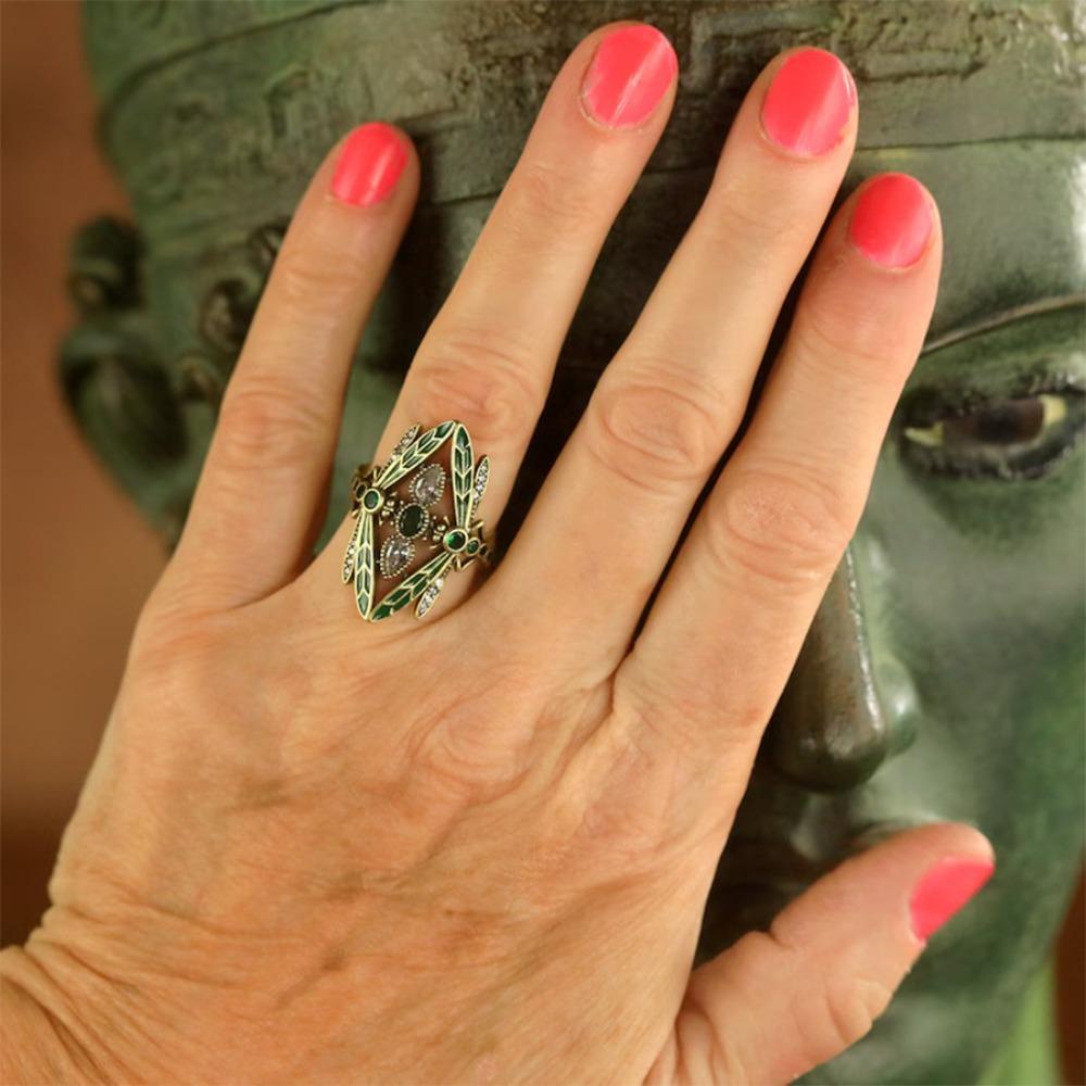 Retro Bohemia Green Glazed Crystal Dragonfly Wide Opening Adjustable Rings for Women Exquisite Luxury Jewelry Accessories Gifts