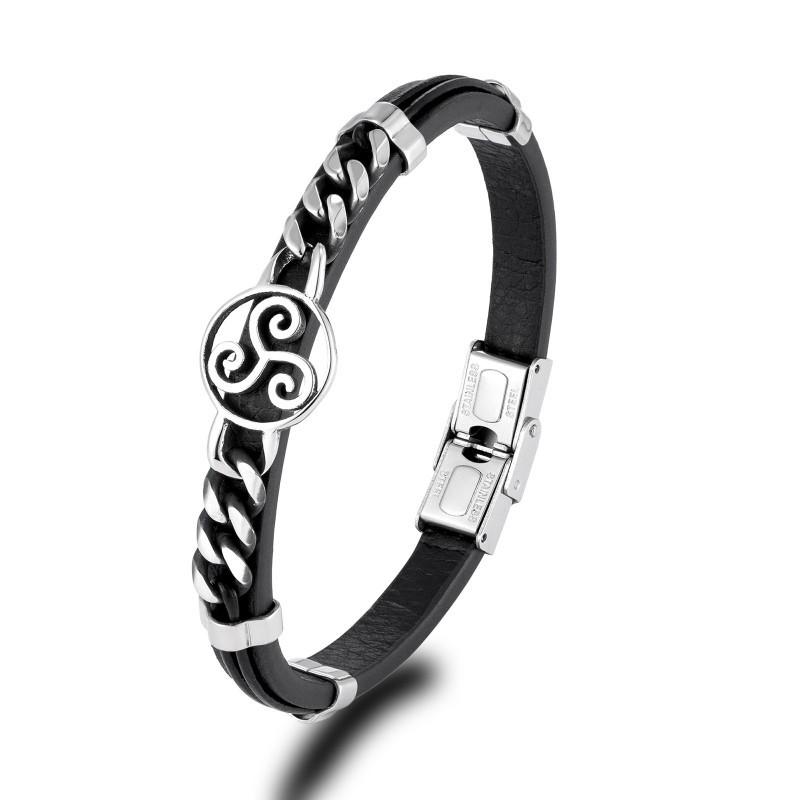 

European American Instagram Trendy Cool Style Black Leather Rope Pattern Bracelet Stainless Steel Totem Artistic Fashion Retro Versatile