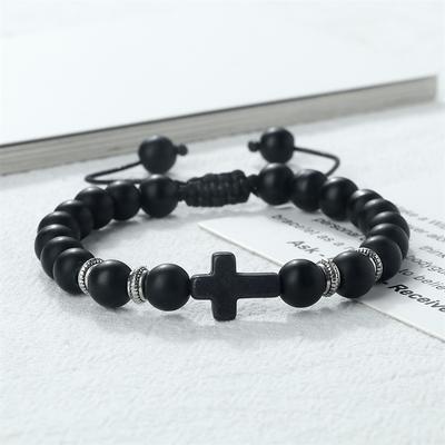 8MM Naturstein Christliches Armband Handgefertigt Hämatit Perle Jesus Kreuz Gebets Schmuck für Männer Frauen