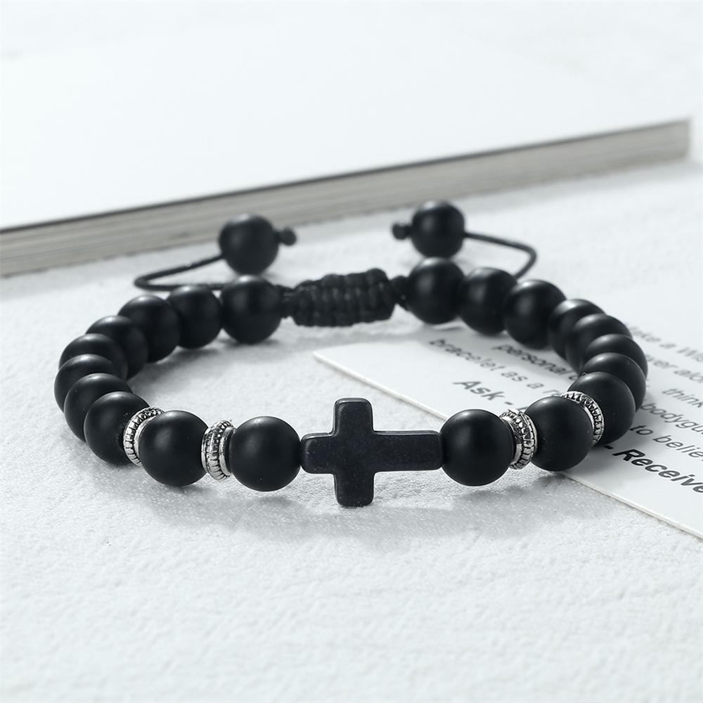 Men Women Braided Bracelet 8MM Natural Stone Christian Bless Jesus Cross Hematite Bead Bracelets Bangles Prayer Handmade Jewelry