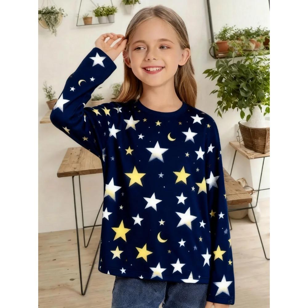 Spring and Autumn Round Neck 3D Printed Top Fashionable Casual Simple Comfortable Long Sleeved Children's Girl T-shirts