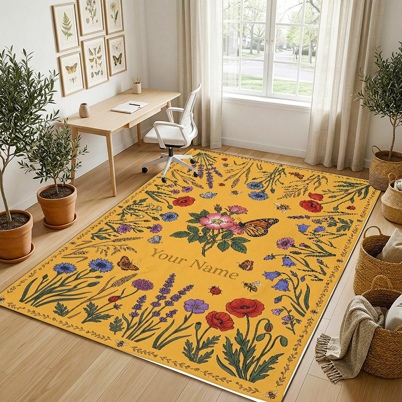 Floral Garden Art Theme Soft Crystal Velvet Rug Custom Name & Text Print Non Slip Floor Rug for Bedroom Living Room