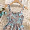 Vacation-Style Floral Print Suspender Dress Summer Girls' Clothing Backless Dress Waist-Cinching Beach Dress