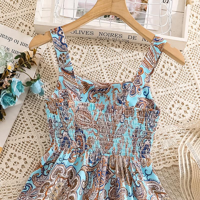 Vacation-Style Floral Print Suspender Dress Summer Girls' Clothing Backless Dress Waist-Cinching Beach Dress