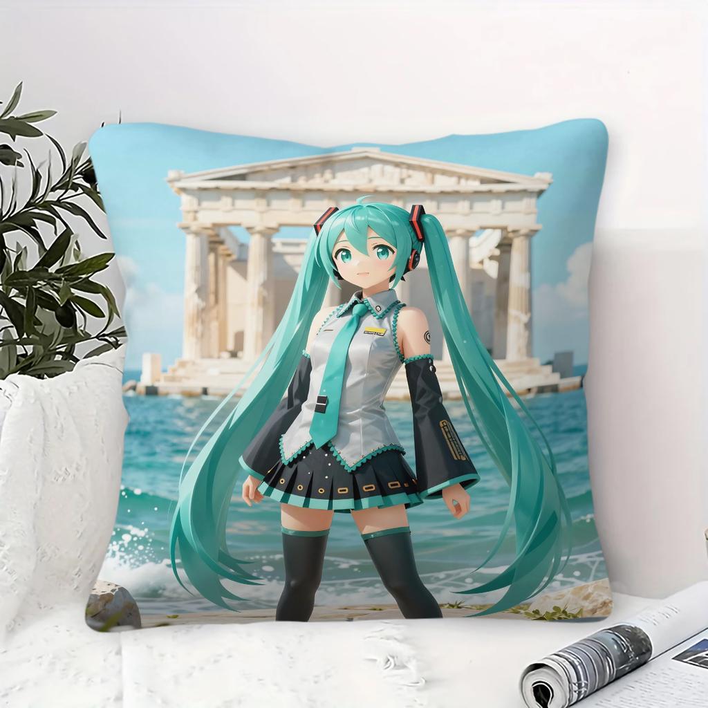 Hatsune Miku Santorini Sunset Throw Pillow With Core Anime Girl Cushion For Gaming Room Teens Room Sofa Bedroom Decor Fans Gift
